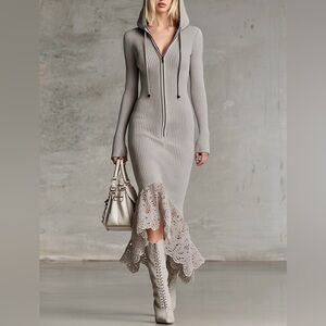 🩶 Hello Gorgeous! Elegant Hooded Ribbed Knit Lace Hem Midi Dress Grey PLUS SIZE